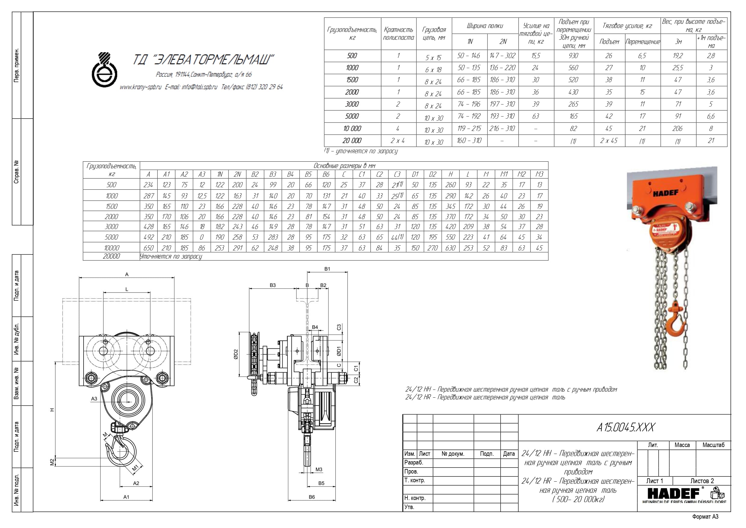 Тех. характеристики для Таль ручная шестеренная передвижная тип 24/12 HH+HR, HADEF, Германия 24/12 HH+HR, HADEF, Германия