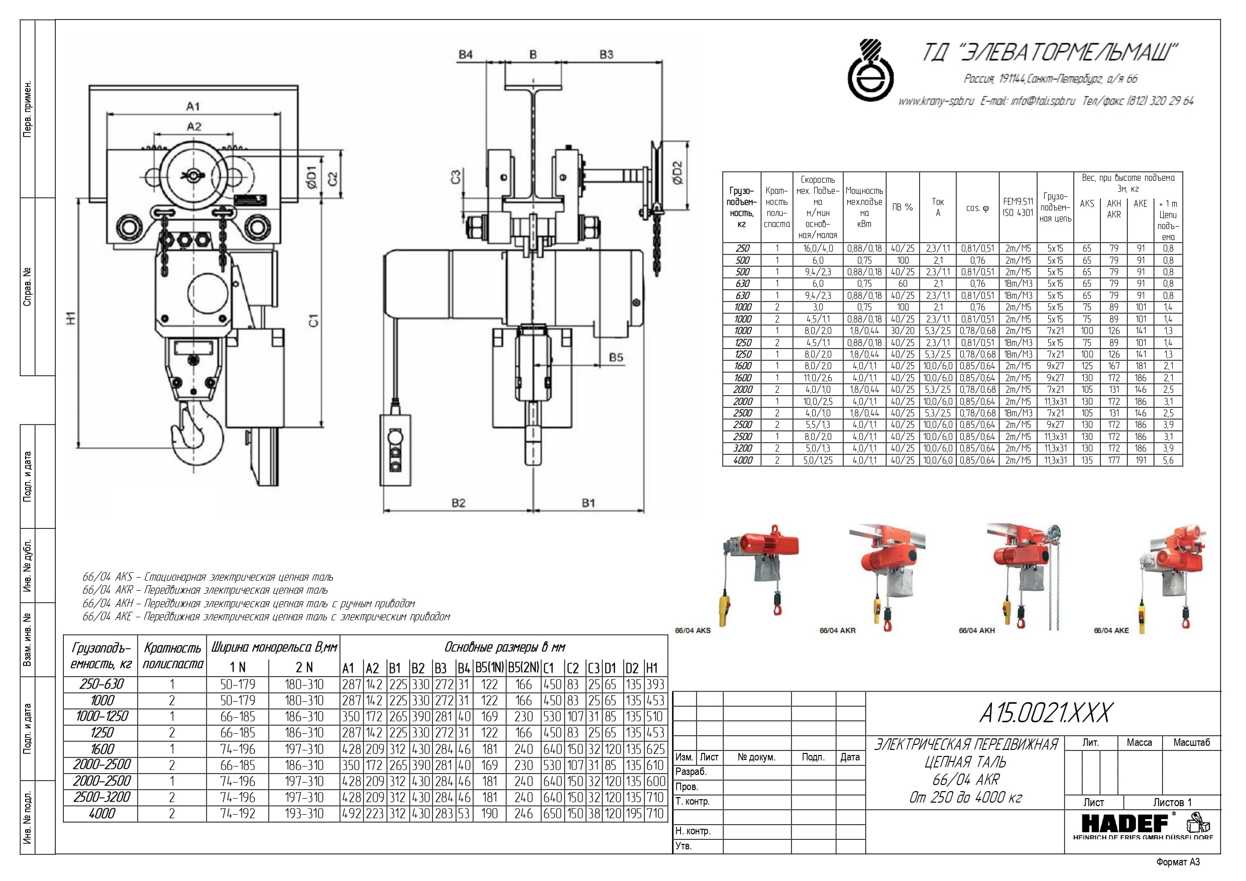 Тех. характеристики для Таль электрическая передвижная тип 66/04 AKR, HADEF, Германия 66/04 AKR, HADEF, Германия