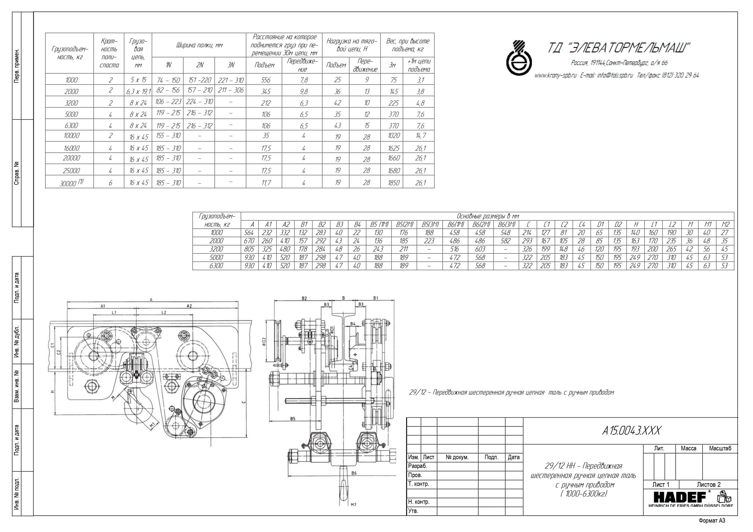 Тех. характеристики для Таль ручная шестеренная передвижная тип 29/12 HH, HADEF, Германия 29/12 HH, HADEF, Германия